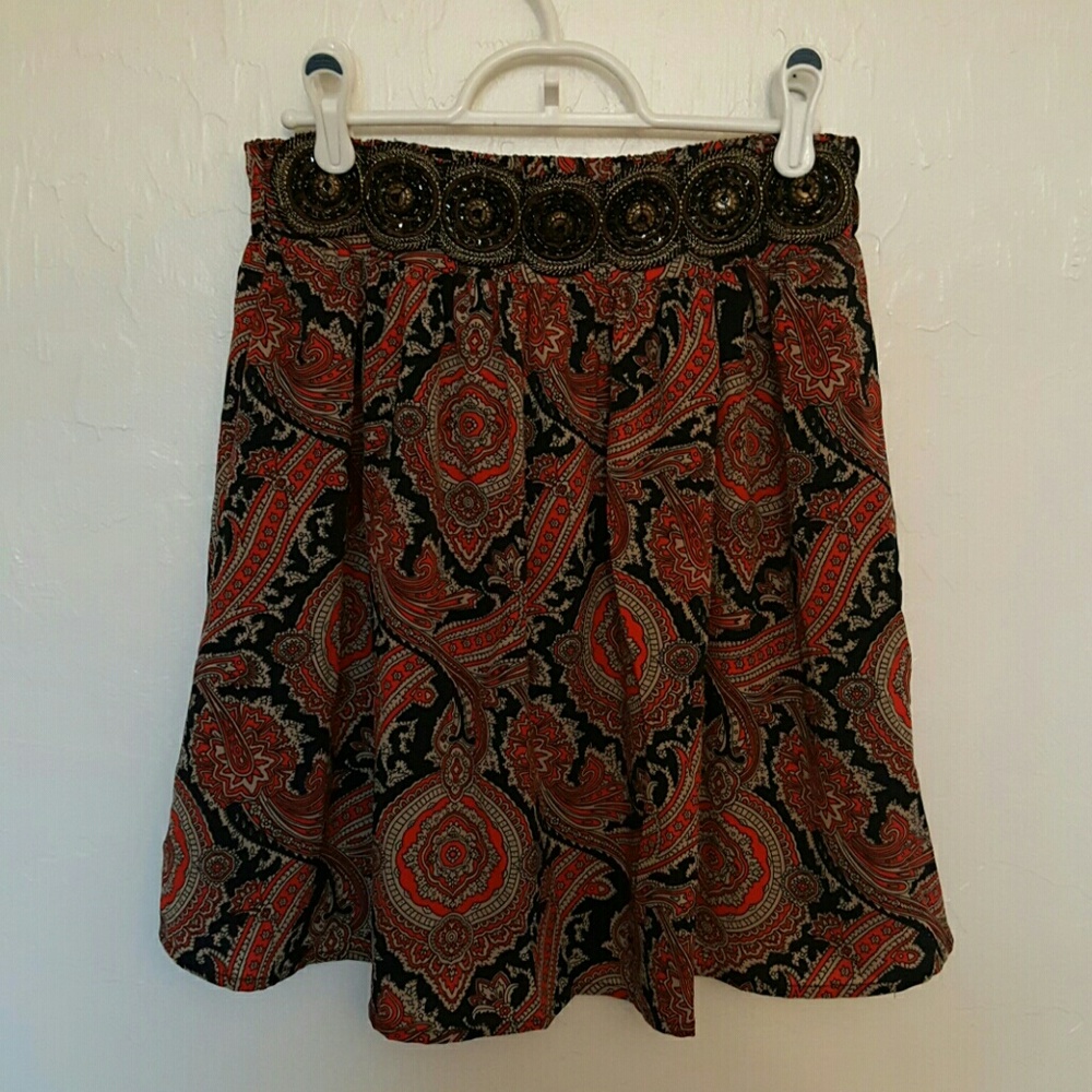 Anthropologie Miami Black Red Beaded Midi Skirt Women
